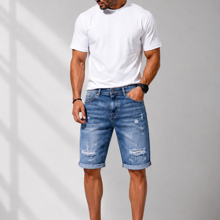 Мъжки сини Slim Fit къси дънки със скъсан ефект JL8842